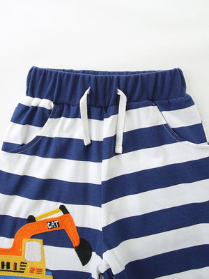 Boys' boxer shorts in blue and white stripes with an excavator applique and drawstring waist.