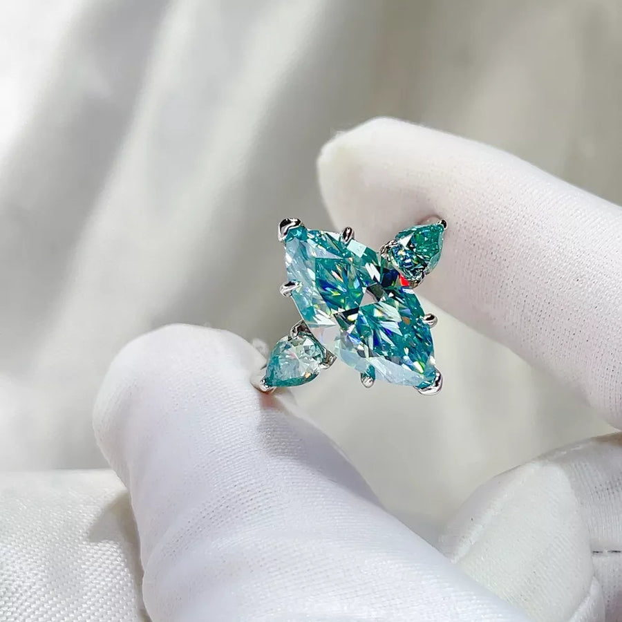6 Carat 925 Sterling Silver Moissanite Ring in aqua blue with marquise cut stone