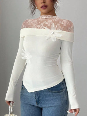 White lace detail long-sleeve bodysuit with off-shoulder neckline and floral applique.