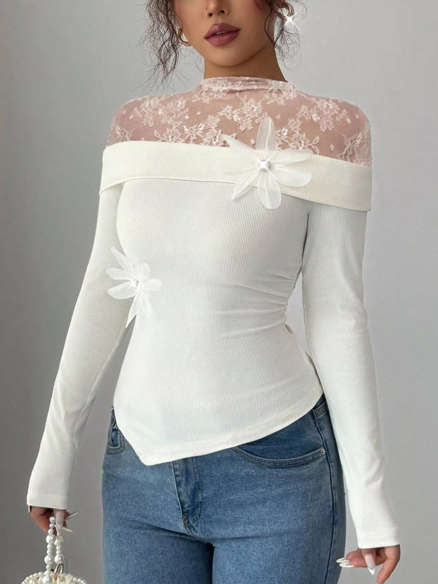 White lace detail long-sleeve bodysuit with off-shoulder neckline and floral applique.