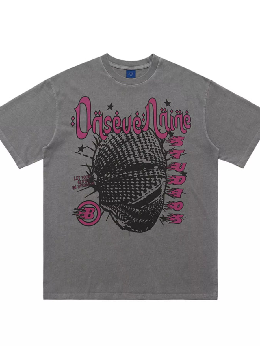 Grey oversized graphic tee with a balaclava print and pink text.