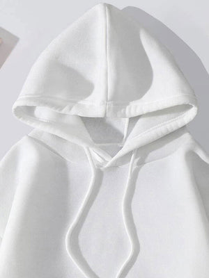 White casual hoodie with adjustable drawstring hood and front pocket detail.