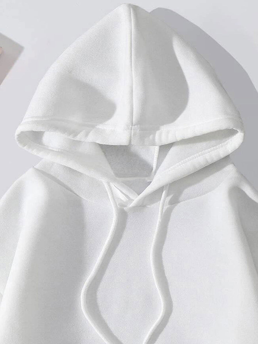 White casual hoodie with adjustable drawstring hood and front pocket detail.