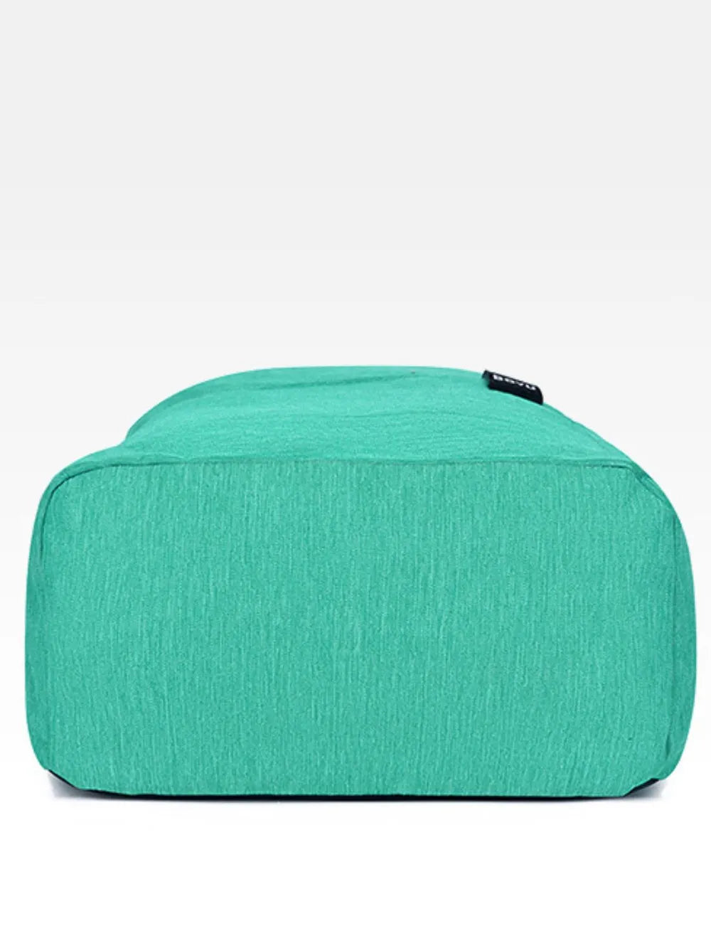 Textured aqua backpack with minimalist design and black logo tag