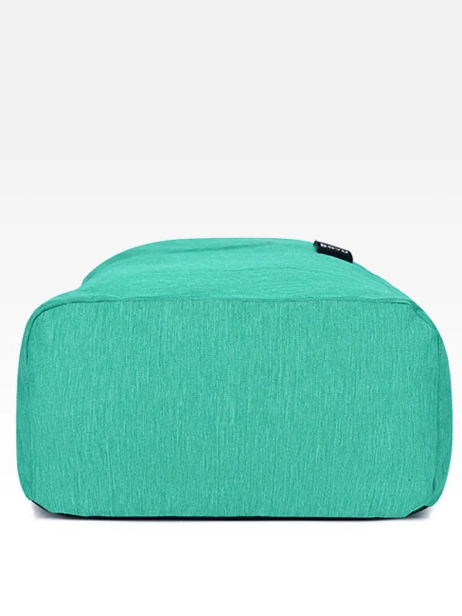 Textured aqua backpack with minimalist design and black logo tag
