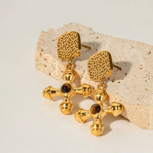 Textured cross drop earrings in 18K gold-plated metal with brown stone accents.