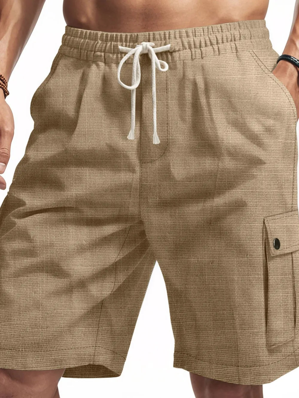 Khaki textured cargo shorts with drawstring waist and button flap pocket.