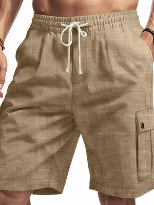 Khaki textured cargo shorts with drawstring waist and button flap pocket.