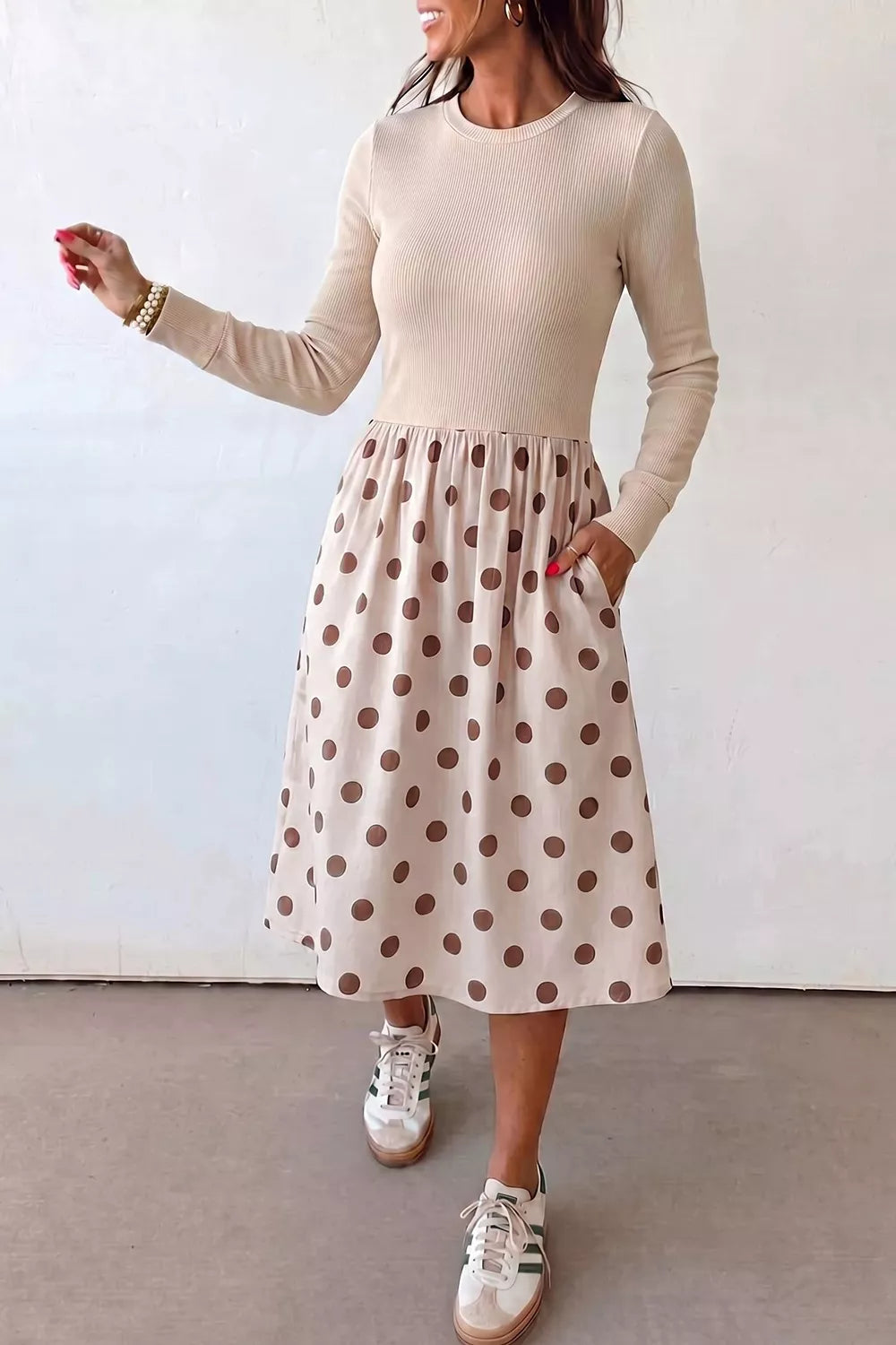cream midi dress featuring ribbed and polka dot