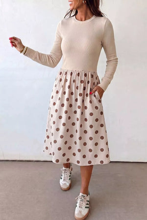 cream midi dress featuring ribbed and polka dot