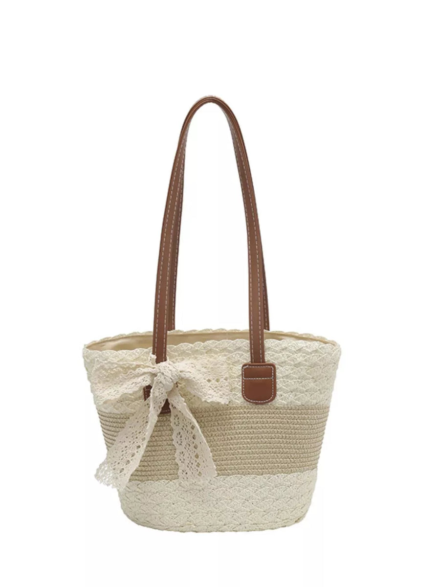 Cream White with Lace Trimmed Straw Shoulder Bag in Cream White