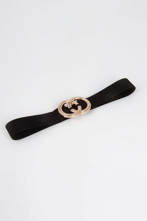 Black stretch belt with gold double-hoop embellishment