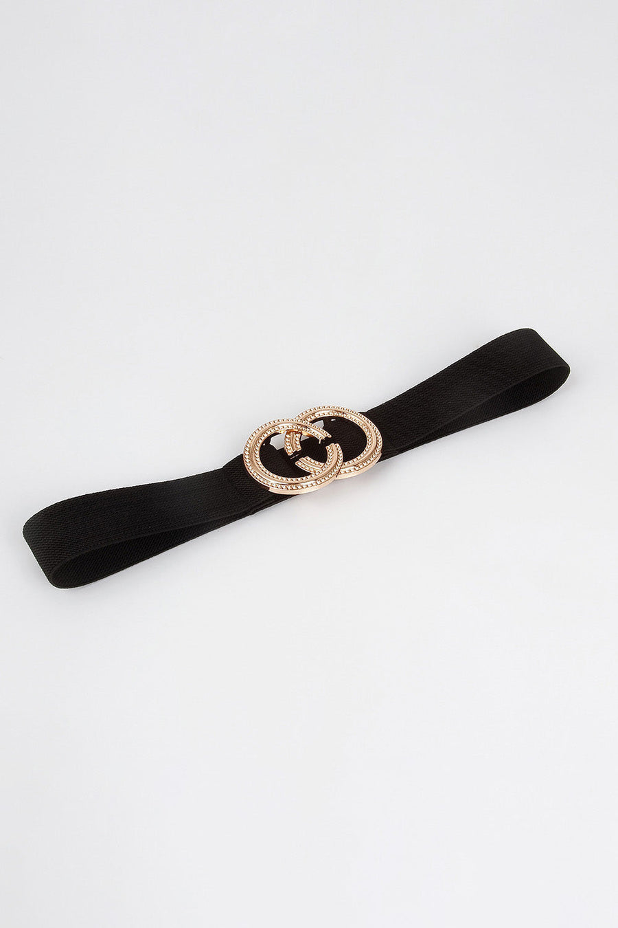 Black stretch belt with gold double-hoop embellishment