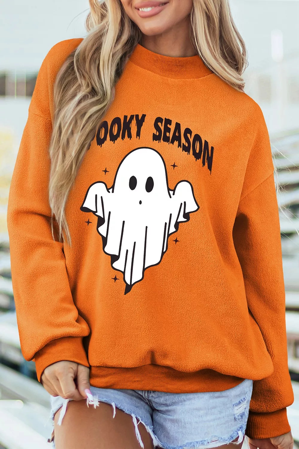orange sweatshirt with graphic-print and mock neck