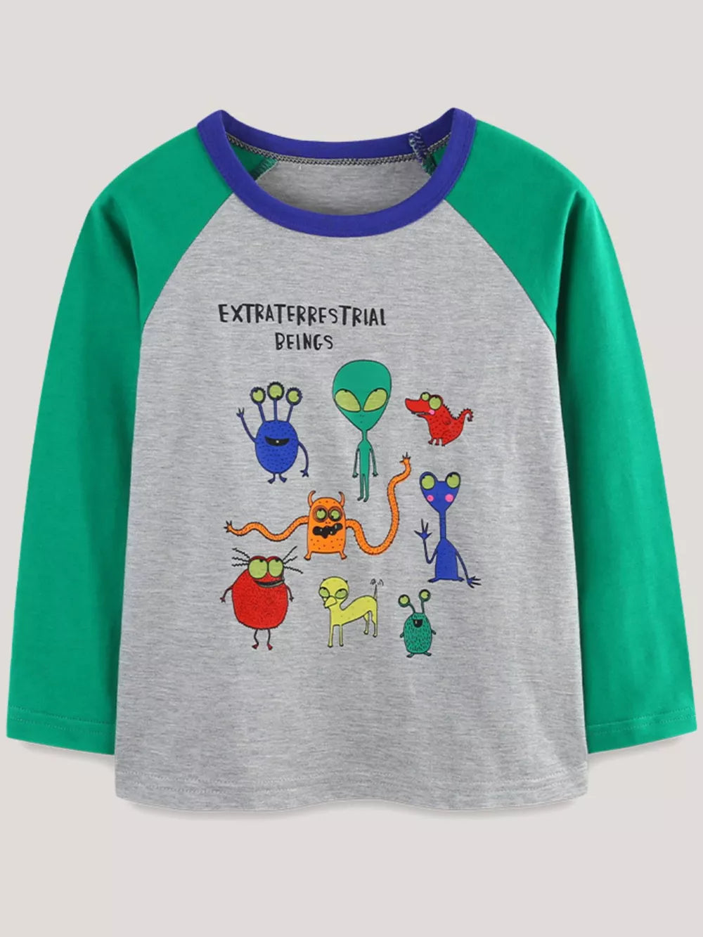Gray raglan long sleeve t-shirt with colorful cartoon aliens and text.