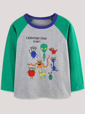 Gray raglan long sleeve t-shirt with colorful cartoon aliens and text.