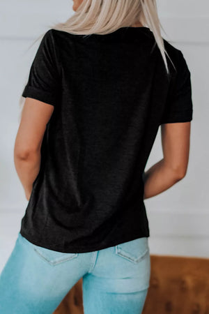 Black polyester t-shirt with cuffed short sleeves and a crew neck.