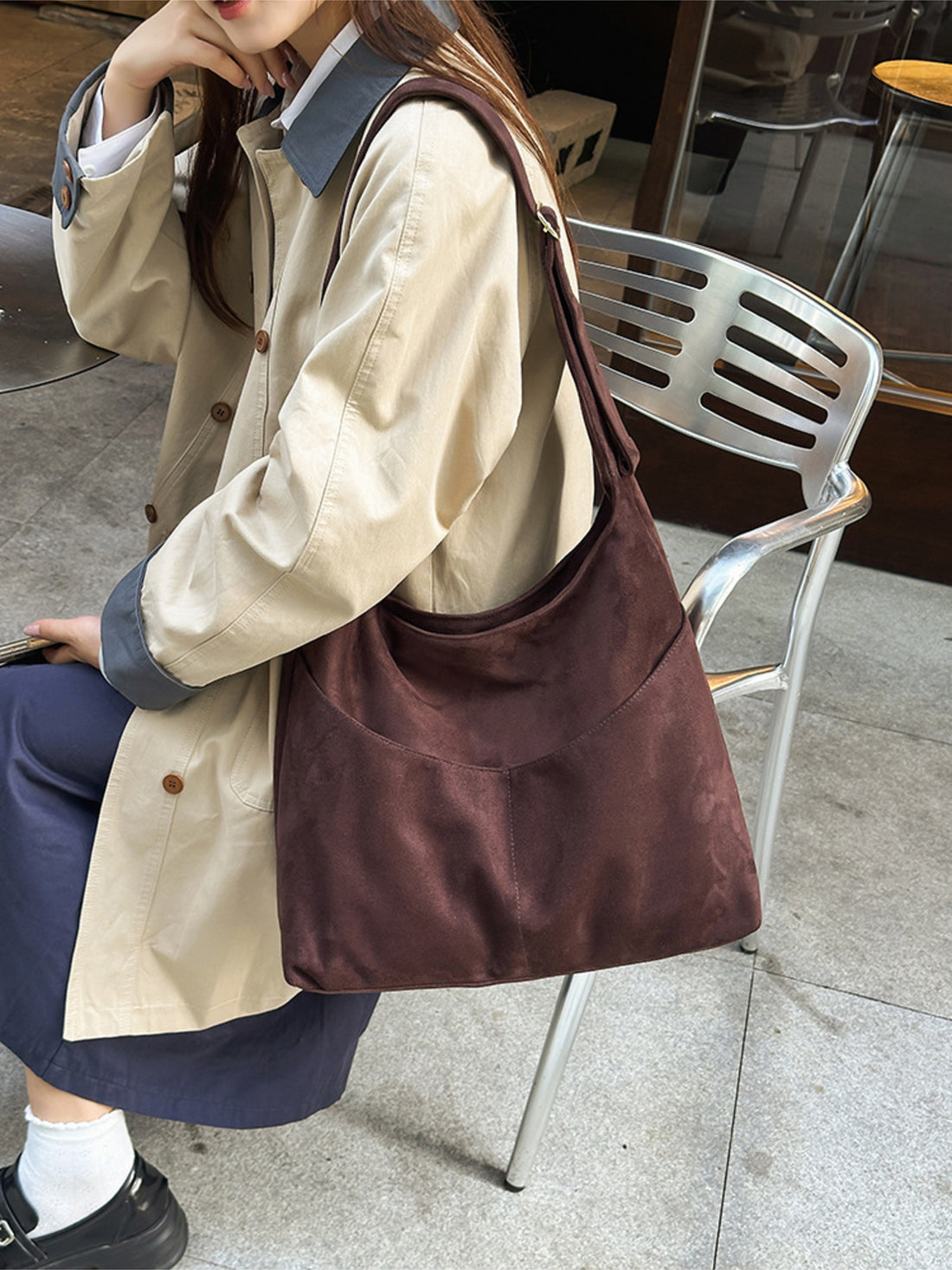 Solid Color Shoulder Bag in Brown with exterior slip pocket