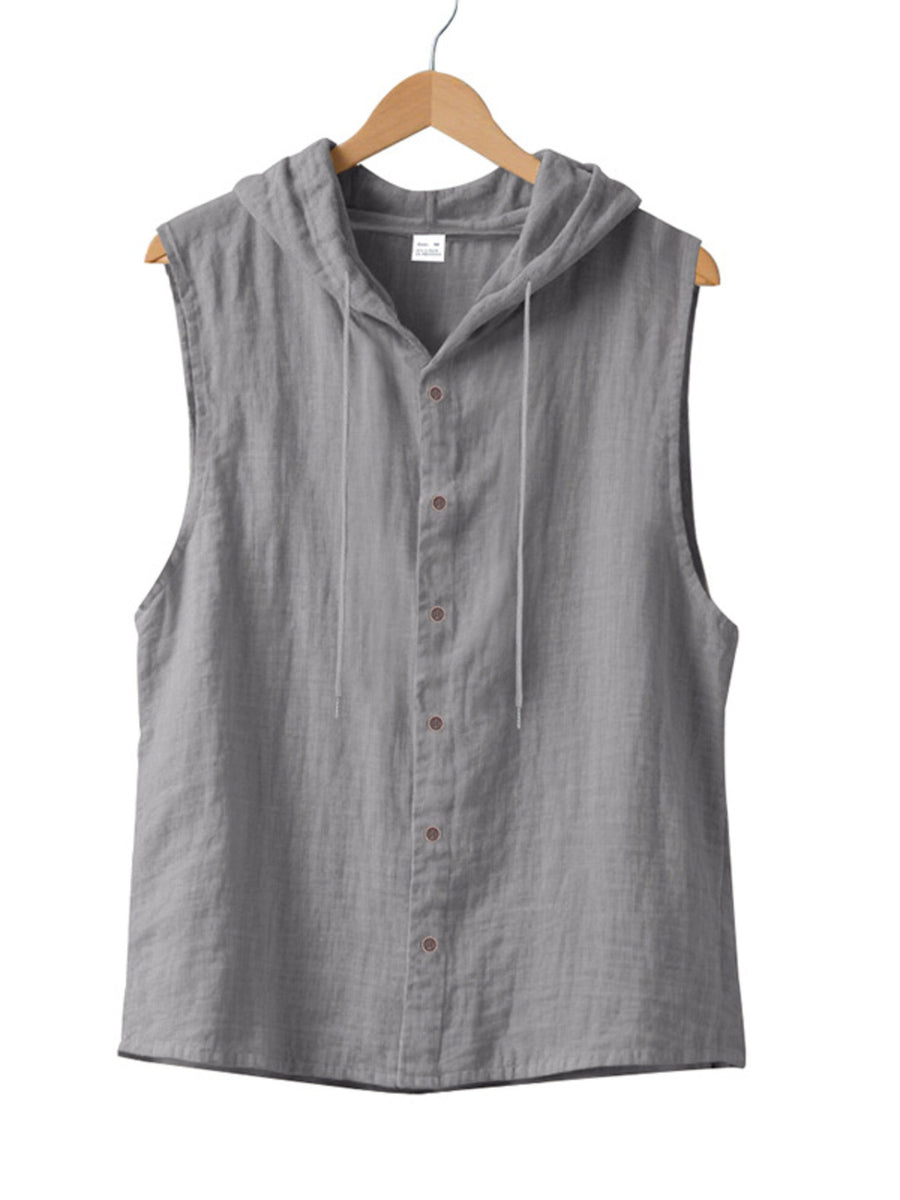 Grey cotton hooded sleeveless button-up shirt with drawstring detail