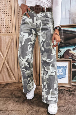 Sage with Camo Pattern Cotton Denim Shift Jeans