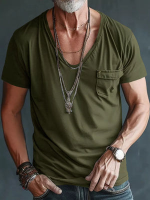 Men's Full Size V-neck Pocket T-shirt in Army Green