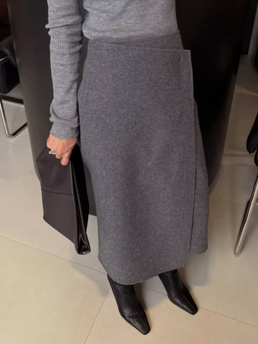 100% polyester Care instructions: Machine wash cold wrap skirt in slate gray with A-line silhouette