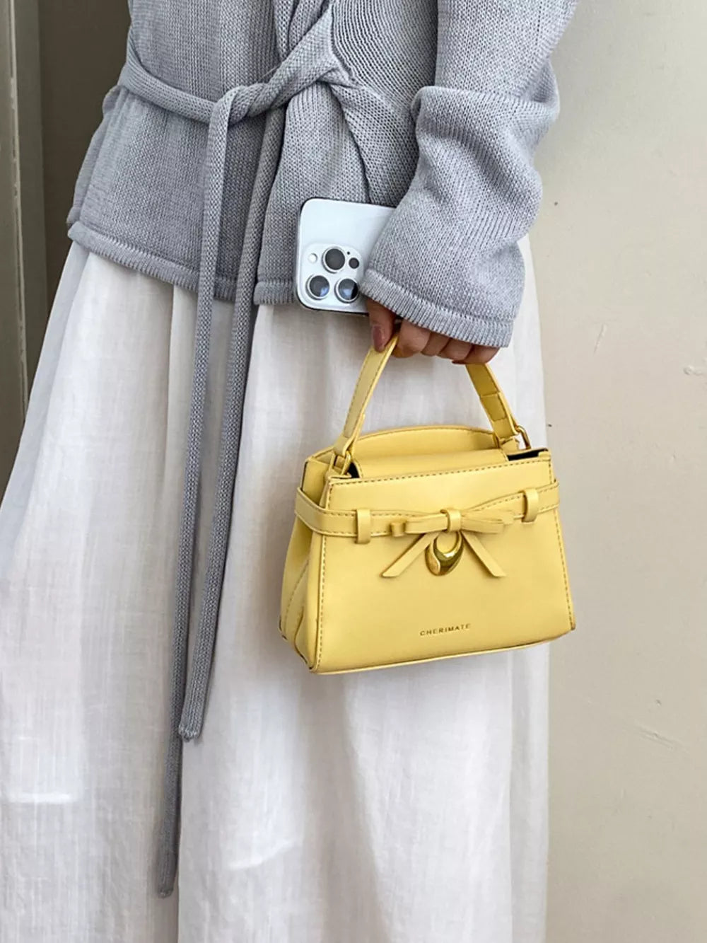 Bow Pu Leather Crossbody Bag in Yellow