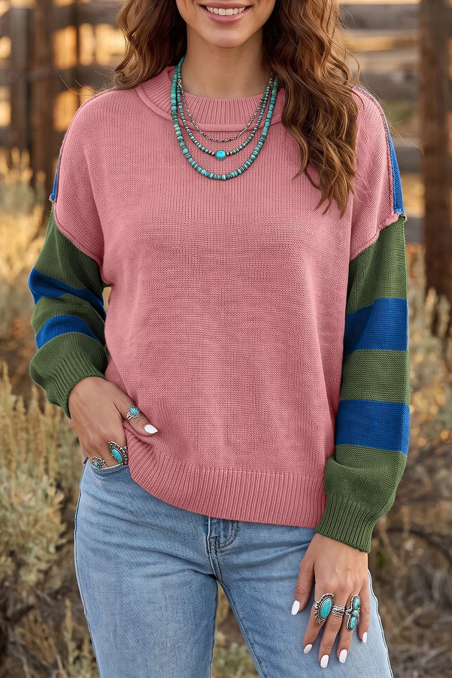 western pullover sweater in olive green with crew neck