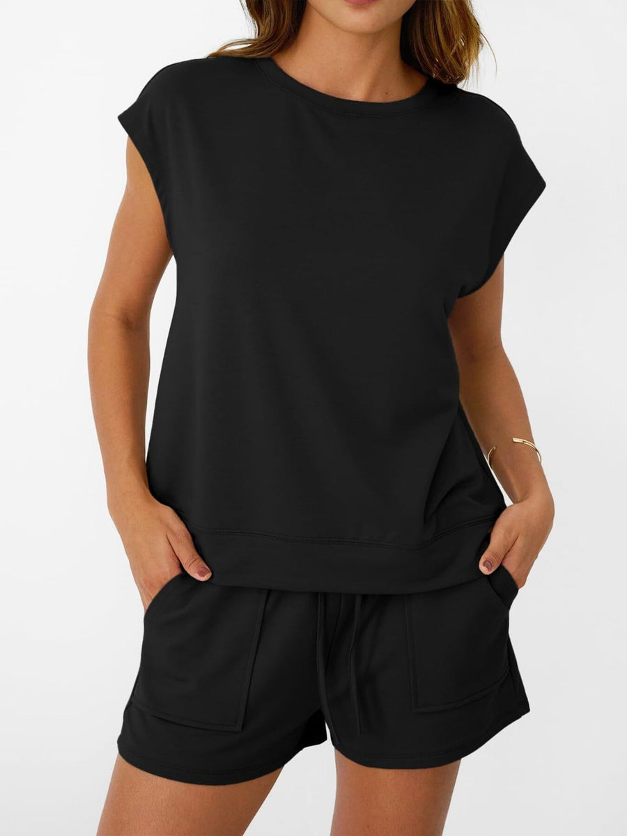 Black round neck cap sleeve loungewear set with drawstring shorts