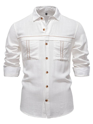 White utility pocket shirt with contrast stitching and buttoned front