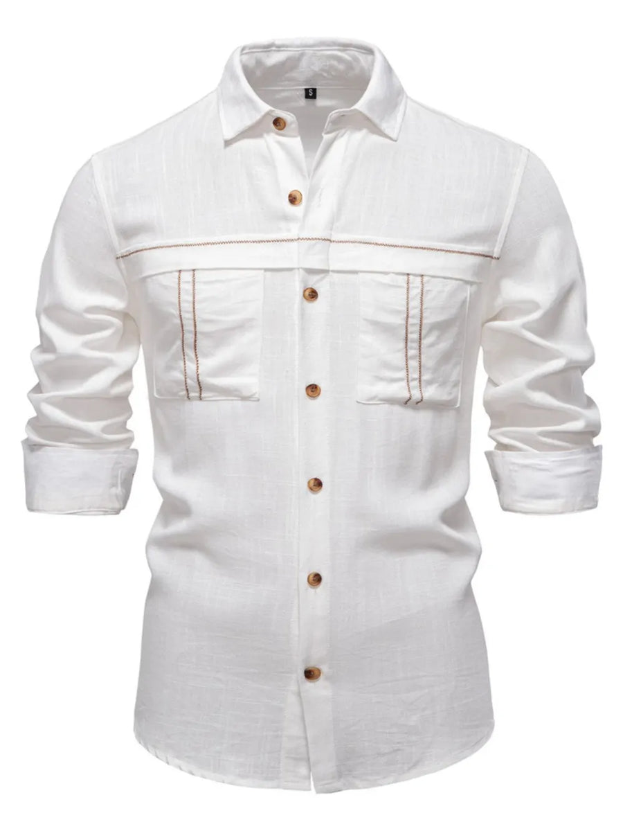 White utility pocket shirt with contrast stitching and buttoned front