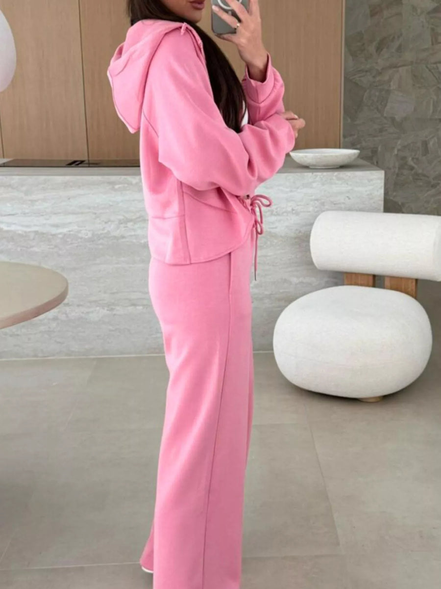 Dusty pink relaxed fit zip-up hoodie and drawstring pants set.