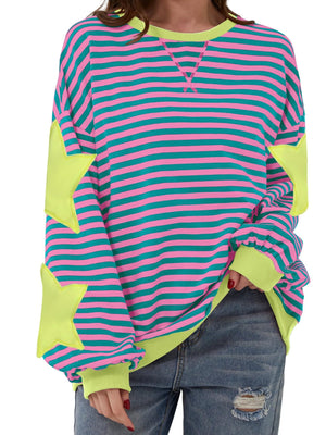 hot pink sweatshirt with striped and crew neck
