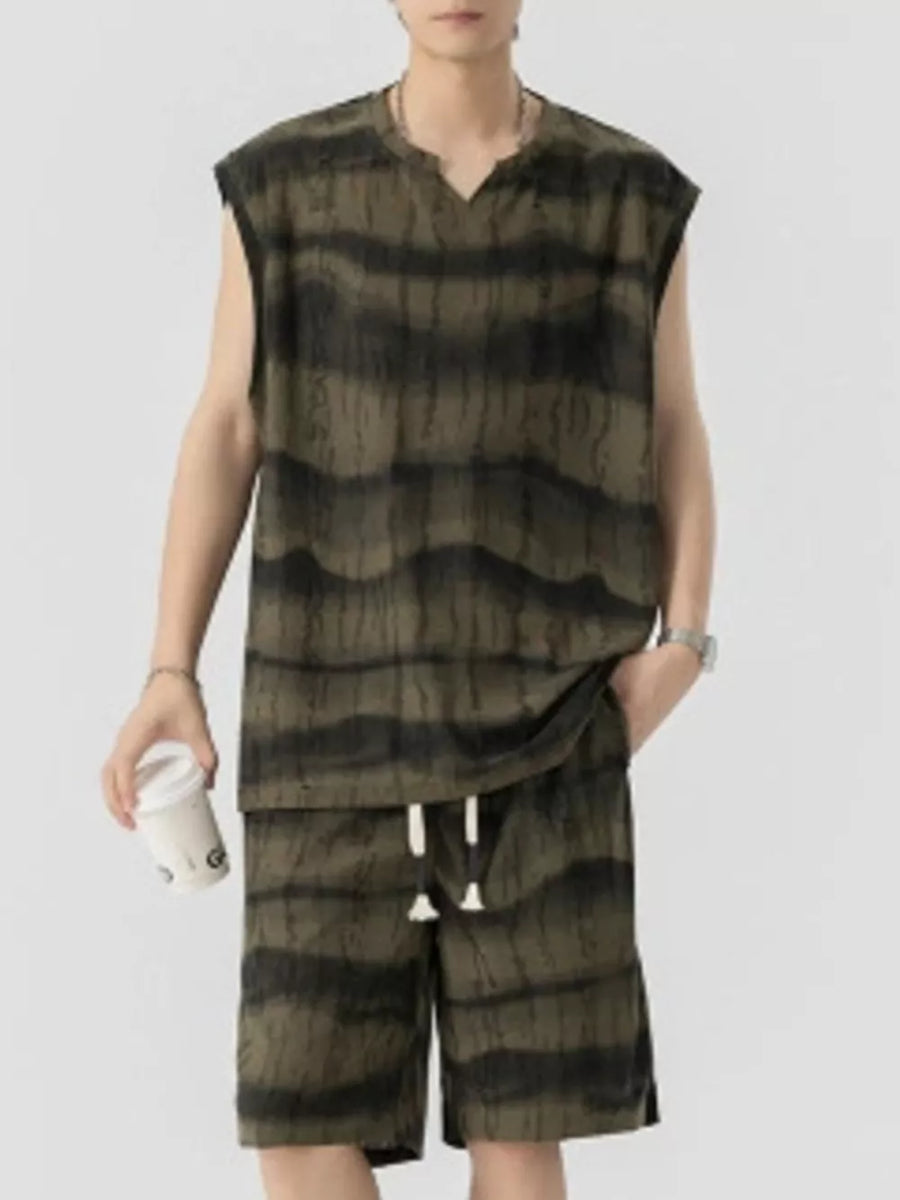 Men's striped tank and shorts set in olive green with a V-neck and drawstring waist.