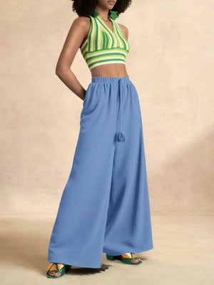 wide-leg pants in periwinkle featuring drawstring and flared fit