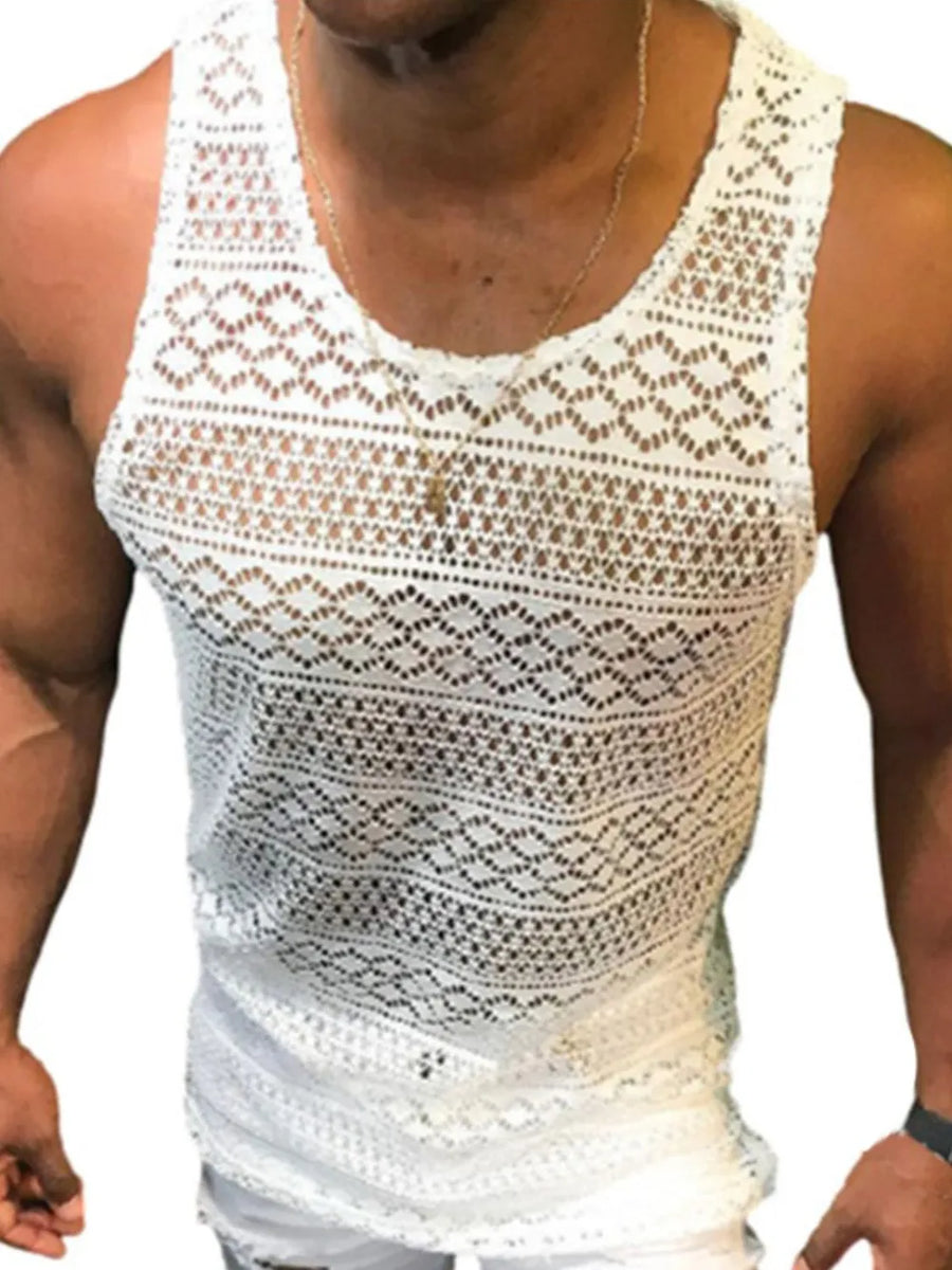 Geometric crochet tank top in ivory with a scoop neck and open knit pattern.
