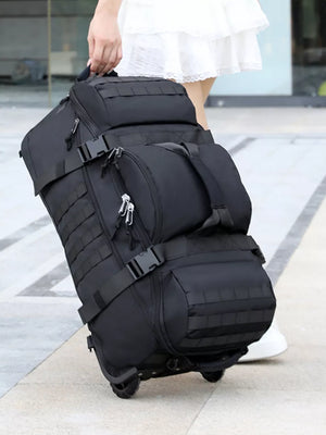 Black tactical rolling duffel bag with multiple compartments and MOLLE webbing