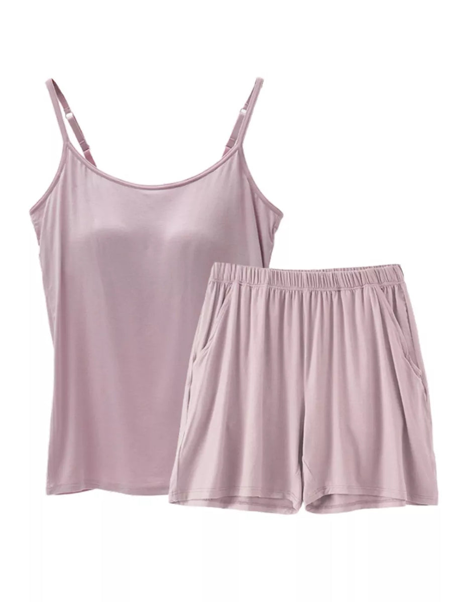 Adjustable cami and shorts pajama set in bean powder with adjustable straps and pockets.
