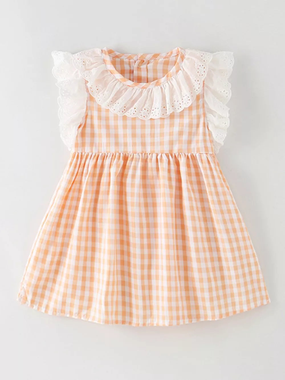 Orange gingham cotton dress with lace collar and ruffle sleeves.