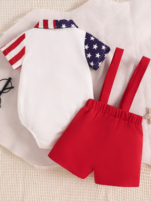 Patriotic baby bodysuit with stars and stripes sleeves and collar, paired with red suspender shorts.
