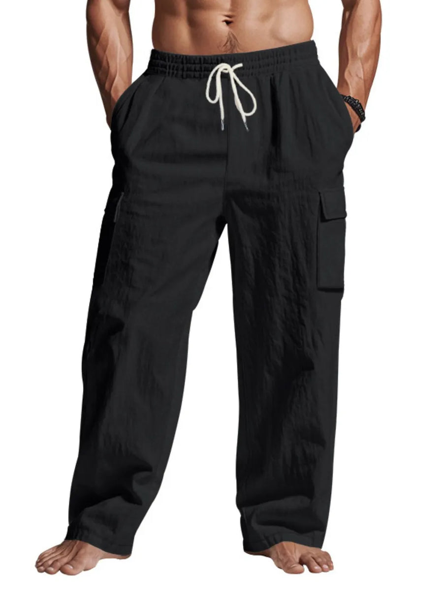 Black relaxed-fit cargo pants with drawstring waist and side pockets.