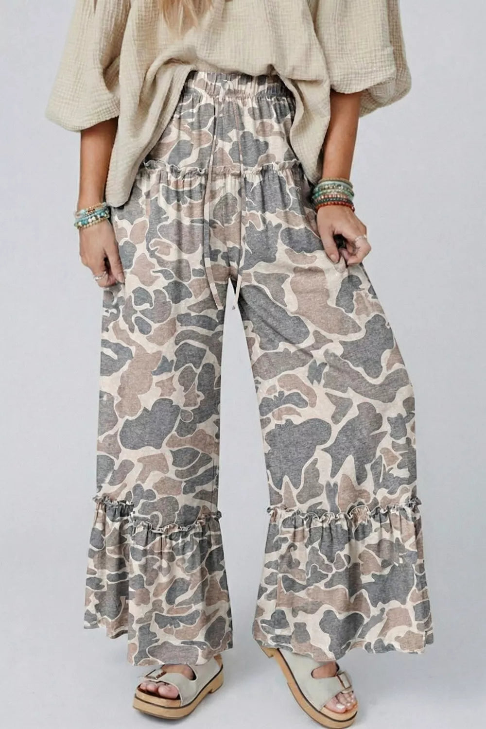 Camo maternity pants with ruffle hem and drawstring waist