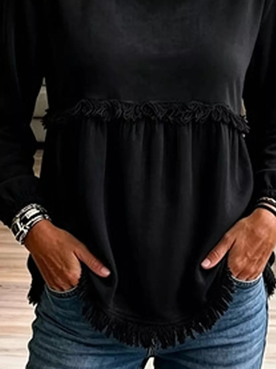 Black with Velvet Fringe Long Sleeve Blouse in Black