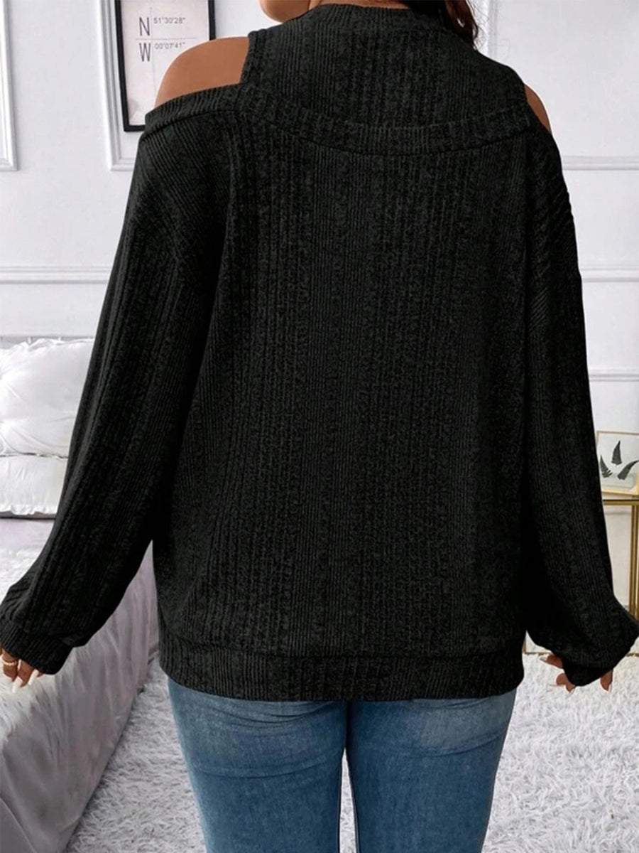 Black ribbed mock neck cold shoulder long sleeve knit top