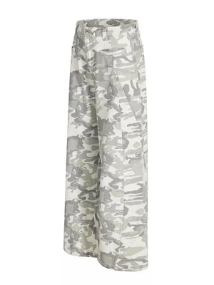 Men's camouflage wide-leg cargo pants with button fly and belt loops.