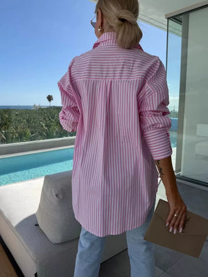 100% polyester Care instructions: Machine wash cold button-up shirt in Pink with relaxed silhouette