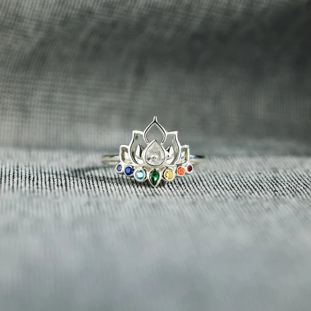 Sterling silver ring with lotus design and rainbow chakra stones