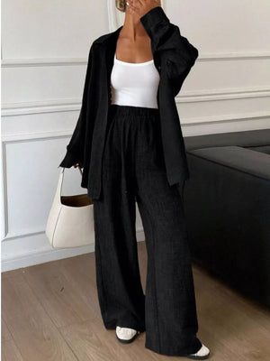 two-piece set in light beige with collared and hip-length