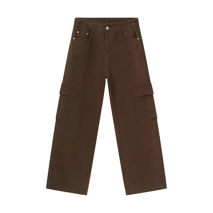 Oversized cargo denim trousers in coffee brown with large side pockets and a relaxed fit.