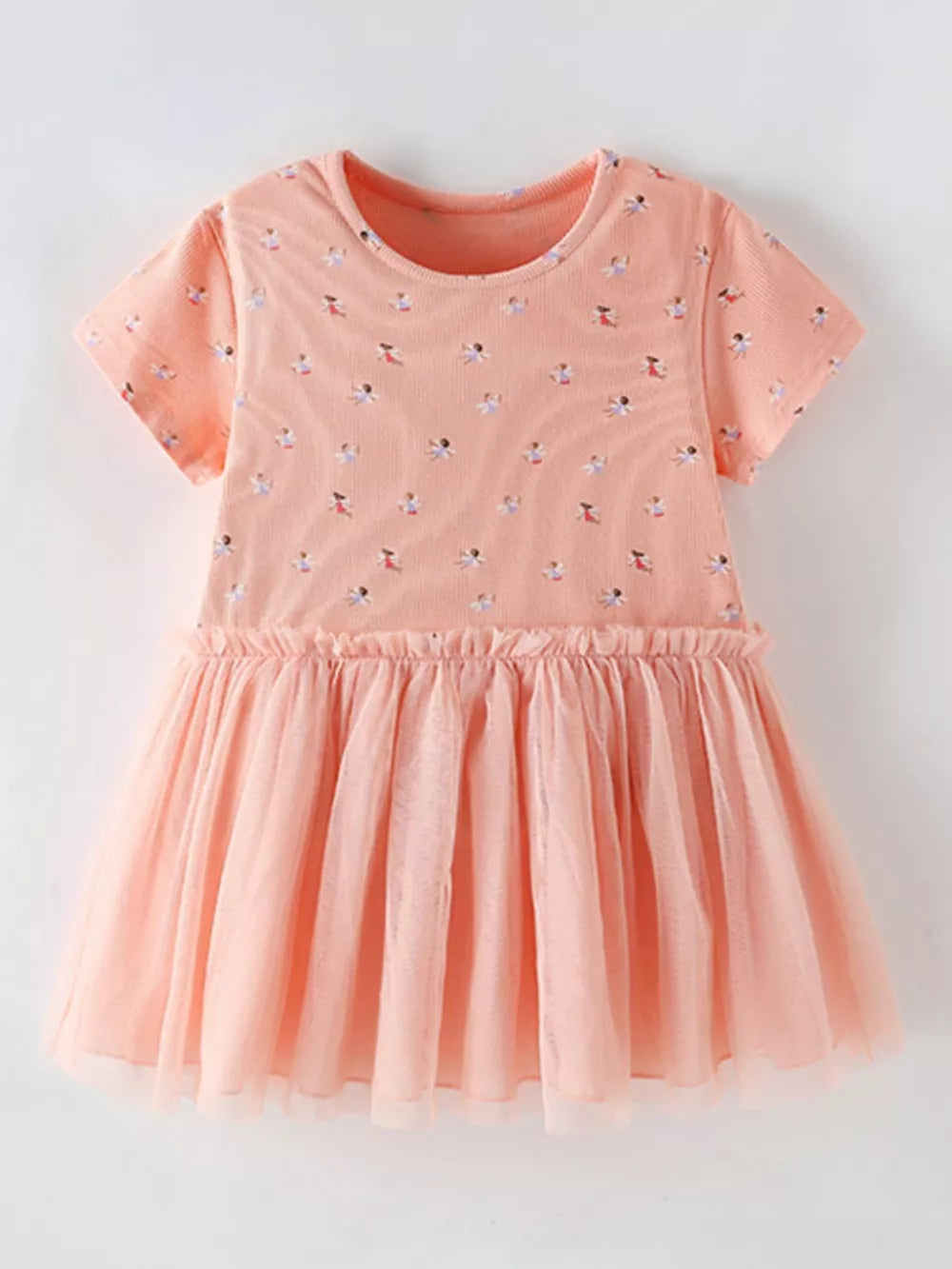 Peach dancer print cotton dress with tulle skirt and crew neck.